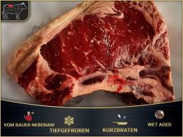 Clubsteak, Strip Loin in Bone Steak vom Rotbunt, Alte Kuh, Dry Aged, New York Cut