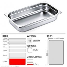 Gastronorm Behälter GN 1/1 - 200mm - GN90 - 18/8 Edelstahl - 0,7mm.