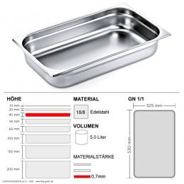 Gastronorm Behälter GN 1/1 - 40mm - GN90 - 18/8 Edelstahl - 0,7mm