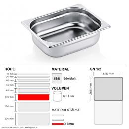 Gastronorm Behälter GN 1/2 - 100mm - GN90 - 18/8  Edelstahl - 0,7mm