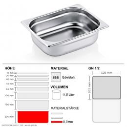 Gastronorm Behälter GN 1/2 - 200mm - GN90 - 18/8 Edelstahl - 0,7mm