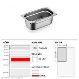 Gastronorm Behälter GN 1/4 - 100mm - GN90 - 18/8 Edelstahl - 0,7mm