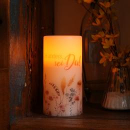 LED Kerze mit Blumenmotiv und Zitat - Echtwachs - orange flackernde...