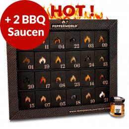 PEPPERWORLD Adventskalender Gewürze HOT 2021 + 2 GRATIS BBQ Saucen